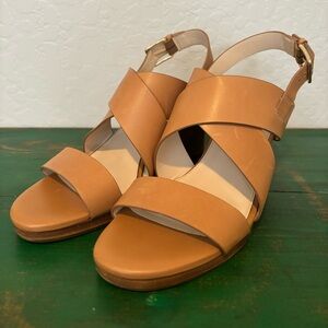 Tan Cole Haan Strappy Wedges with wood heel